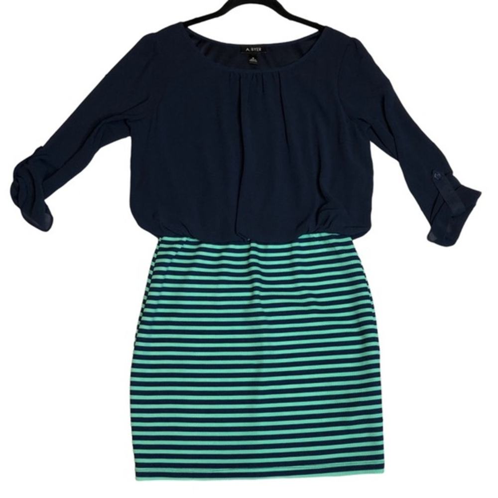 A. Byer navy/green stripe dress flowy/fitted Sz M